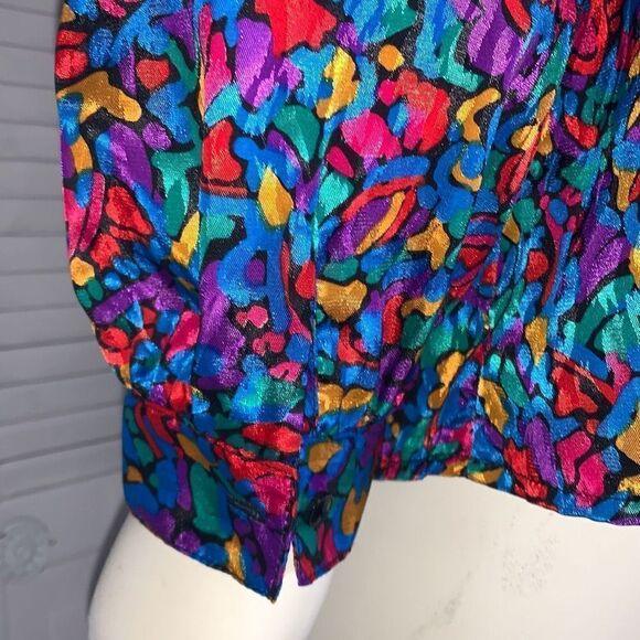 Vintage Colorful Abstract Satin Button Down Bow Tie Blouse Large - Picture 9 of 16